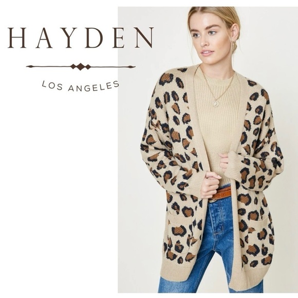 HAYDEN Leopard Knit Cardigan Sweater Tan Black Open Front Pockets Women's M/L - Picture 1 of 14